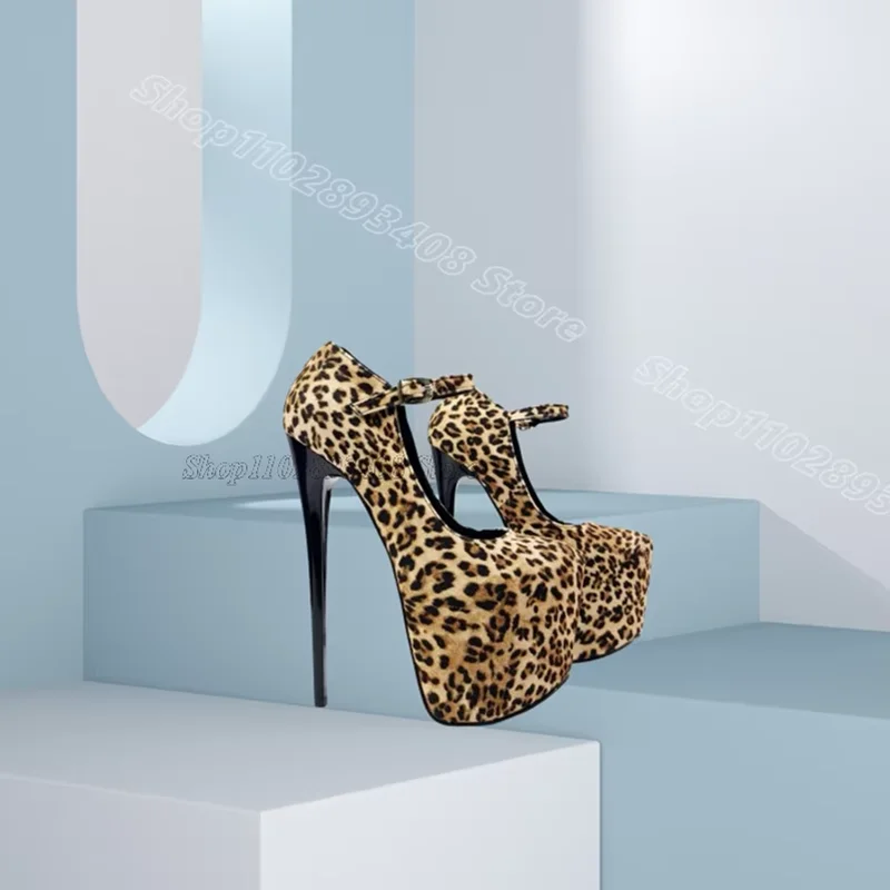 

Leopard Print Platform Pumps Round Toe Ankle Buckle Stiletto Sweet Style Fashion Spring Dress Women Pumps Zapatos Para Mujere