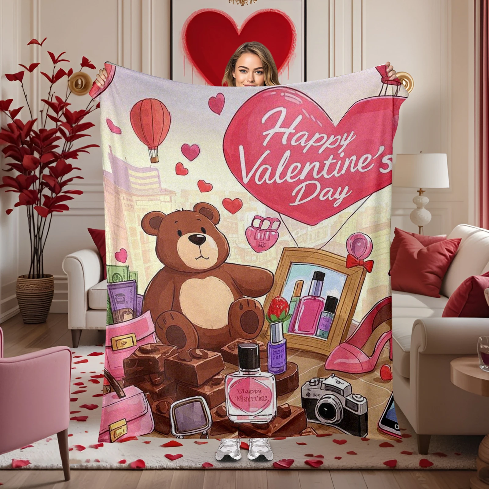 

Cozy Flannel Valentine S Blanket With Cute Cartoon Bears And Various Romantic Patterns Expressing Love