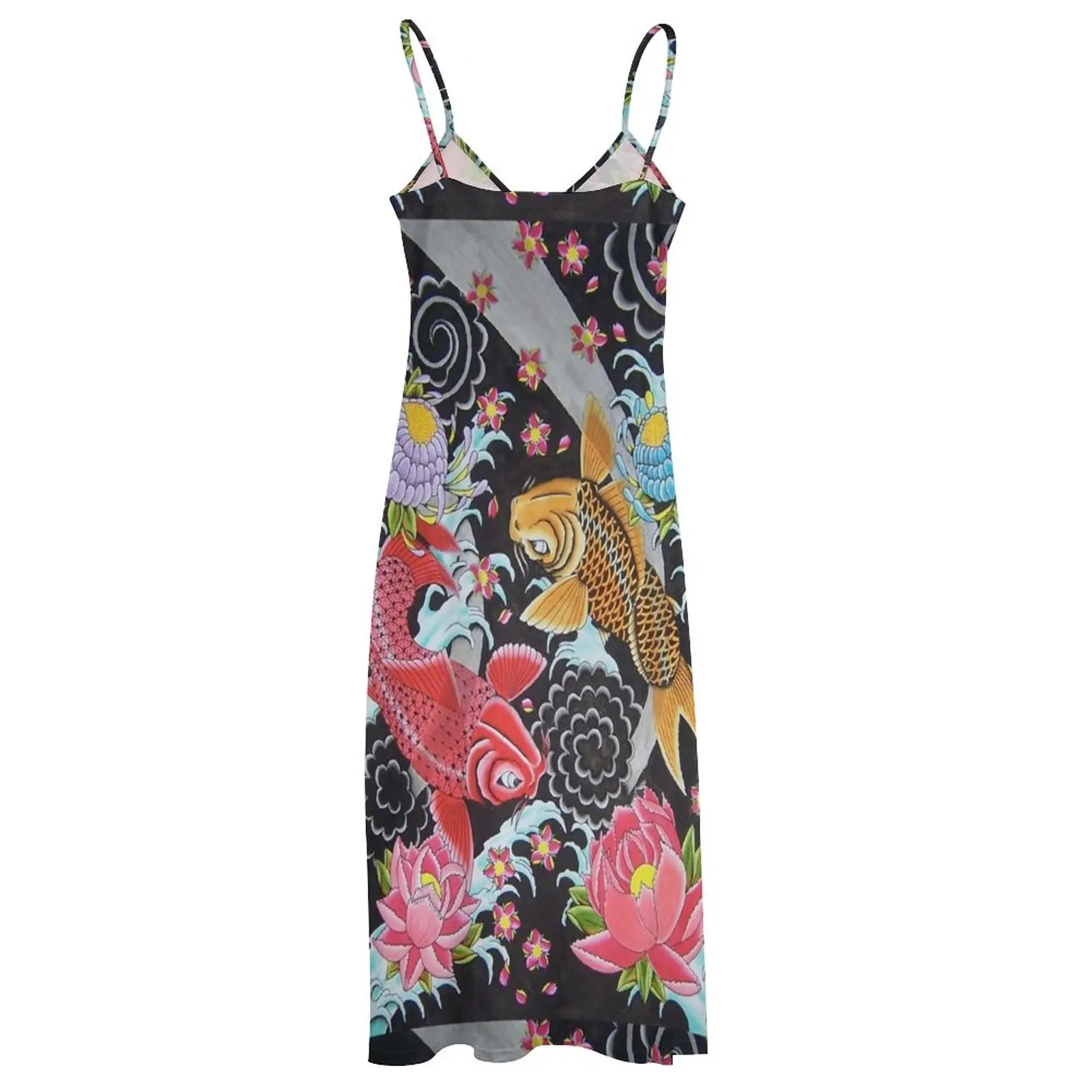 Vestido koi-art japonés de Kev G para mujer, sin mangas, elegante, para fiesta, verano, 2024