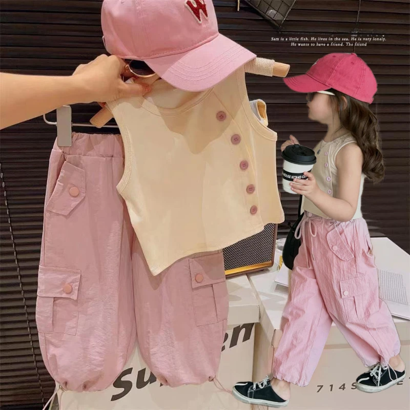 Girls Suit Summer New Girls Solid Color Vest + Cargo Pants Two-piece Set  Kids Clothes  Girl Clothes