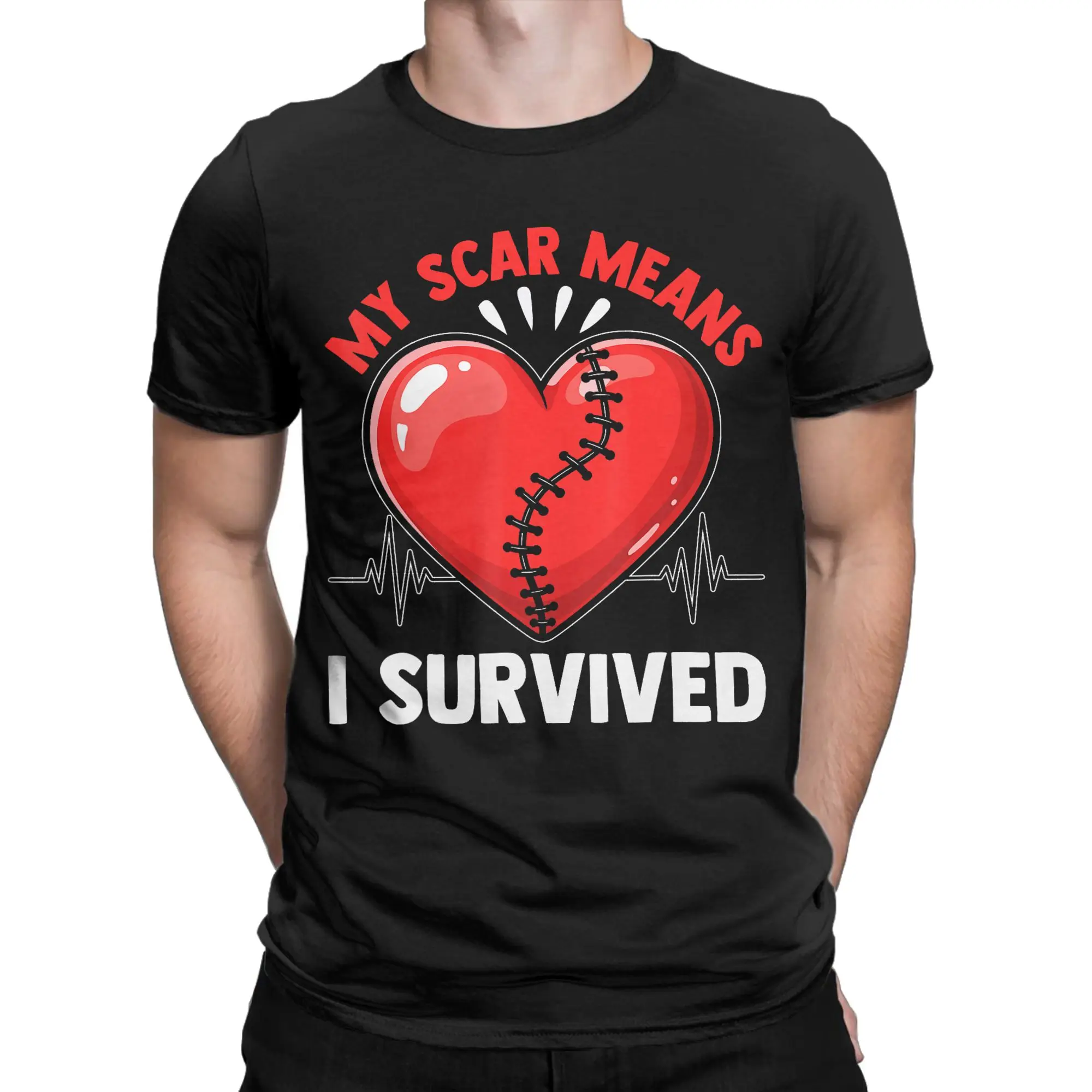 Men T-Shirt My Scar Means I Survived Heart  Funny 100% Cotton Tee Shirt Short Sleeve  T Shirt Crew Neck Tops Birthday Gift