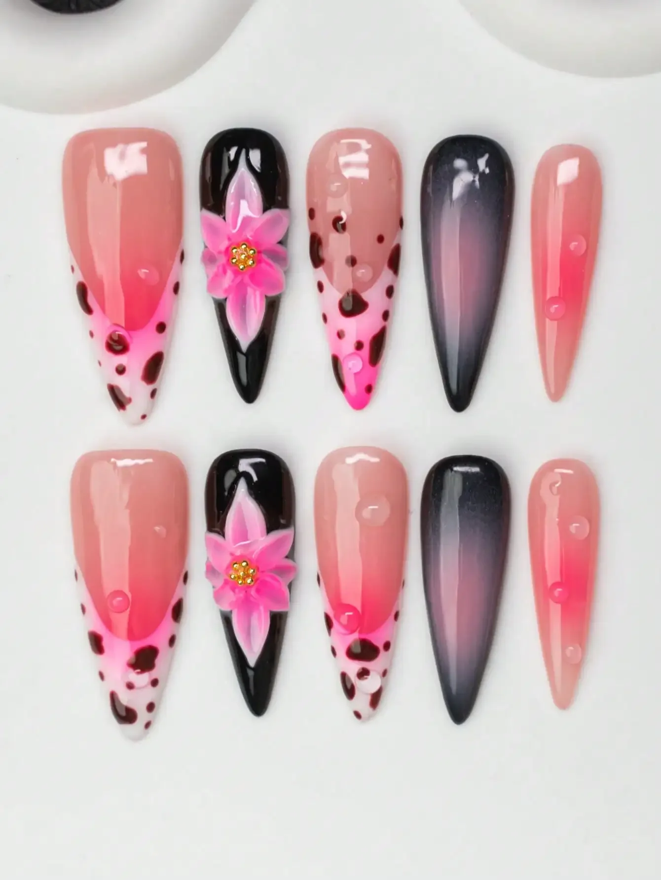 

10pcs/Set Handmade Almond-Shaped Y2K Baddie Style Press-On Nails, Nude, Black, Pink Colors With French Tips, Floral, Cream Textu