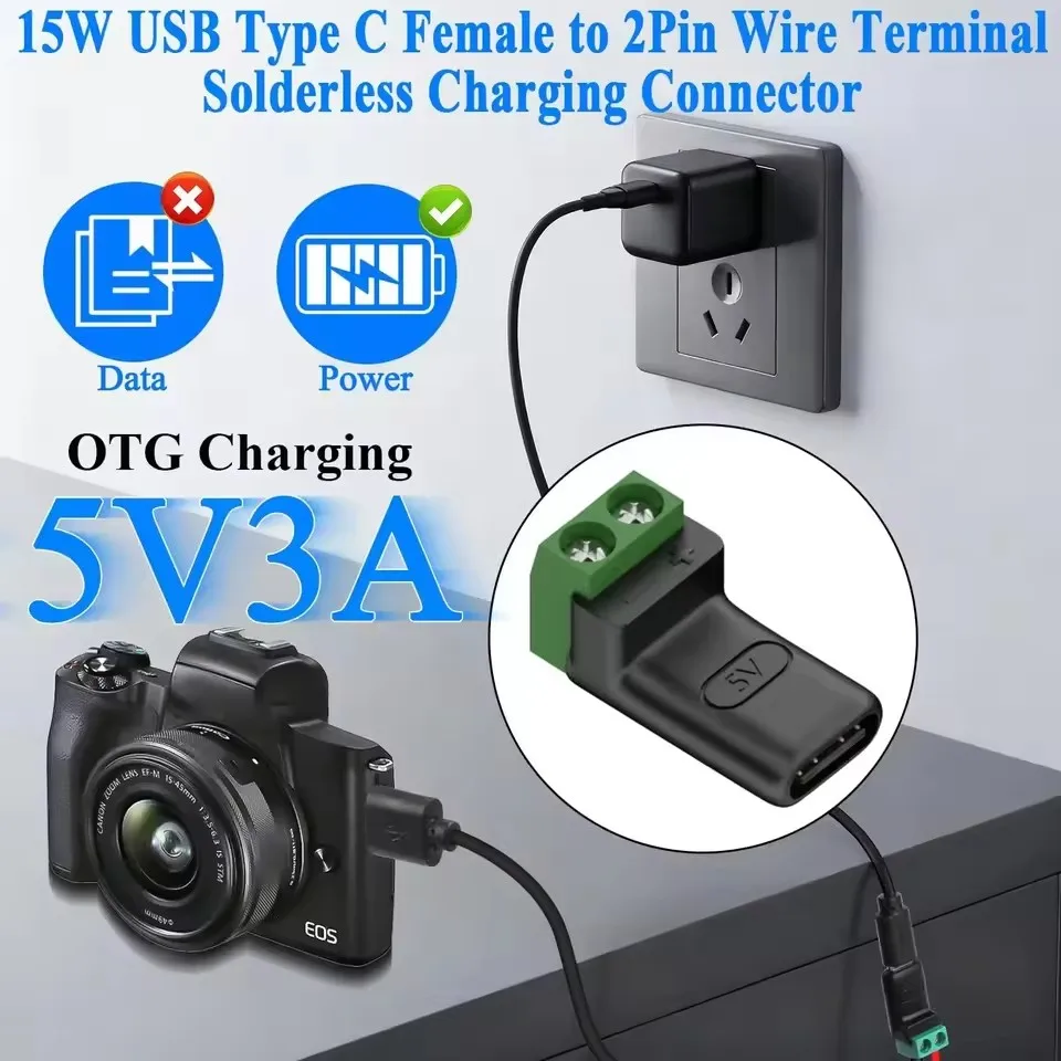 Type-C to 2 Pin Charging Connector Solderless Plug USB C to 2Pin Terminal Adapter Screw 5V Crimp Terminal Block Connectors