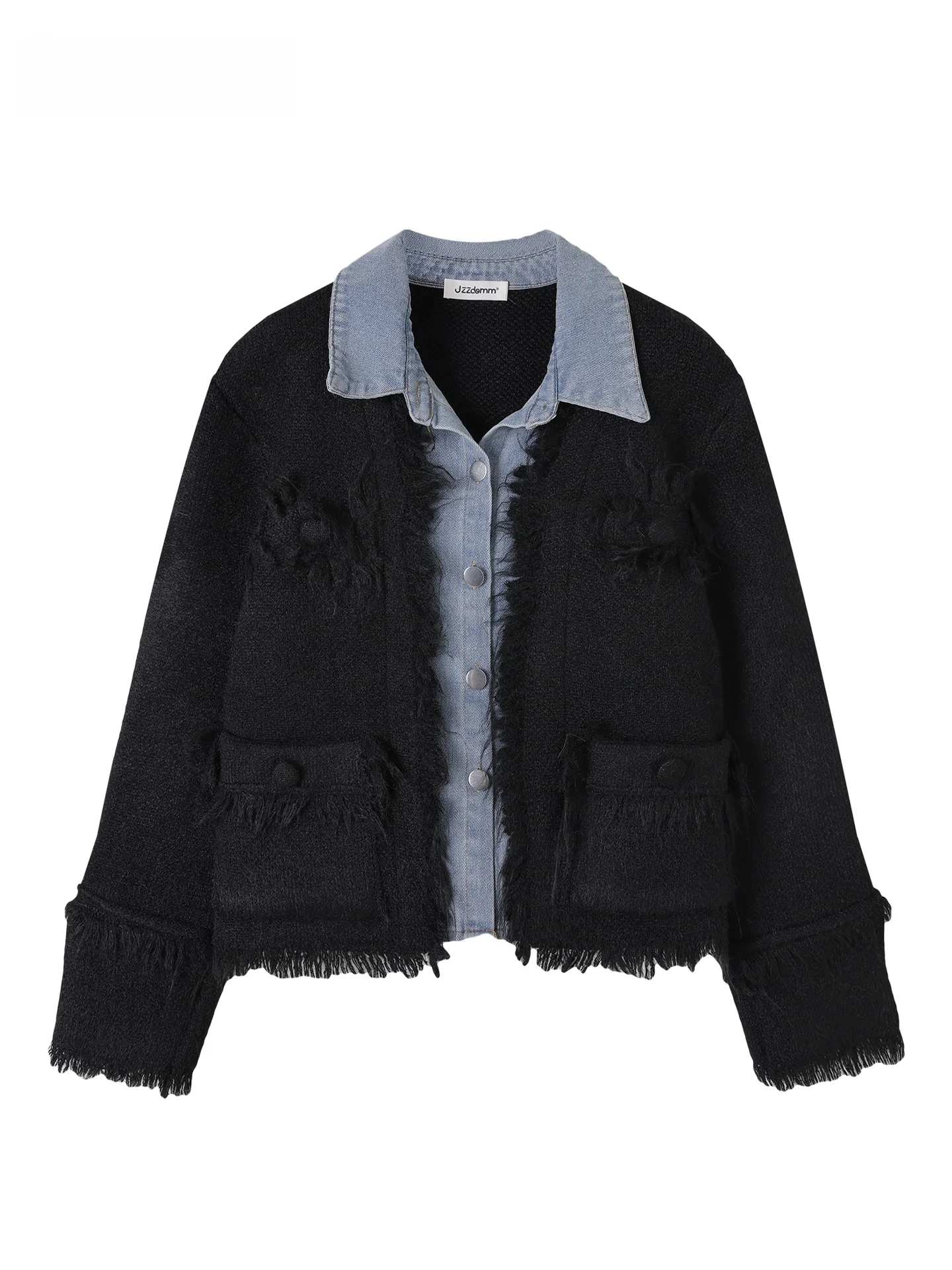 

JZZDEMM Knitted Open Cardigan Women's Faionable Denim Patchwork Collar Trendy Outerwear Soft Viscose Nylon Blend Regular Fit