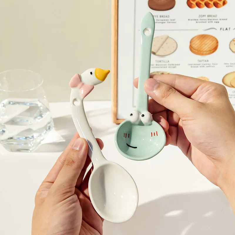 10Pcs Cute Cartoon Dessert Spoons, Goose Frog Cheese Shape Ceramic Soup Spoons, Home Tea Spoon Set