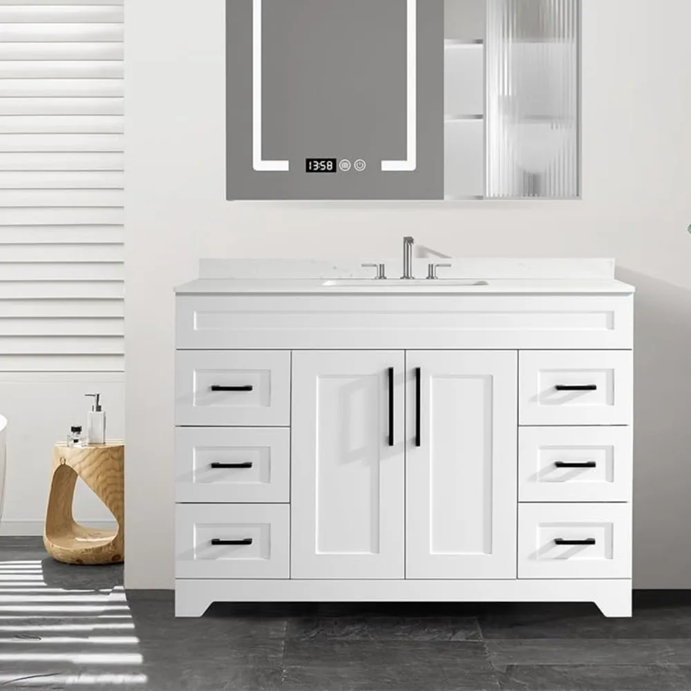 

48” Bathroom Vanity with White Engineered Marble Stone Rectangular Sink, Modern Bathroom Cabinet with 2 Soft Closing Doors and