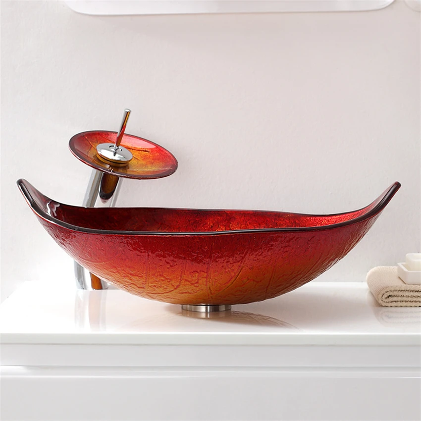 Small Bathroom Counter Basin Tempered Glass Wash Basin Modern Simplicity Leaf-shaped Art Washbasin Balcony Above Counter Basin