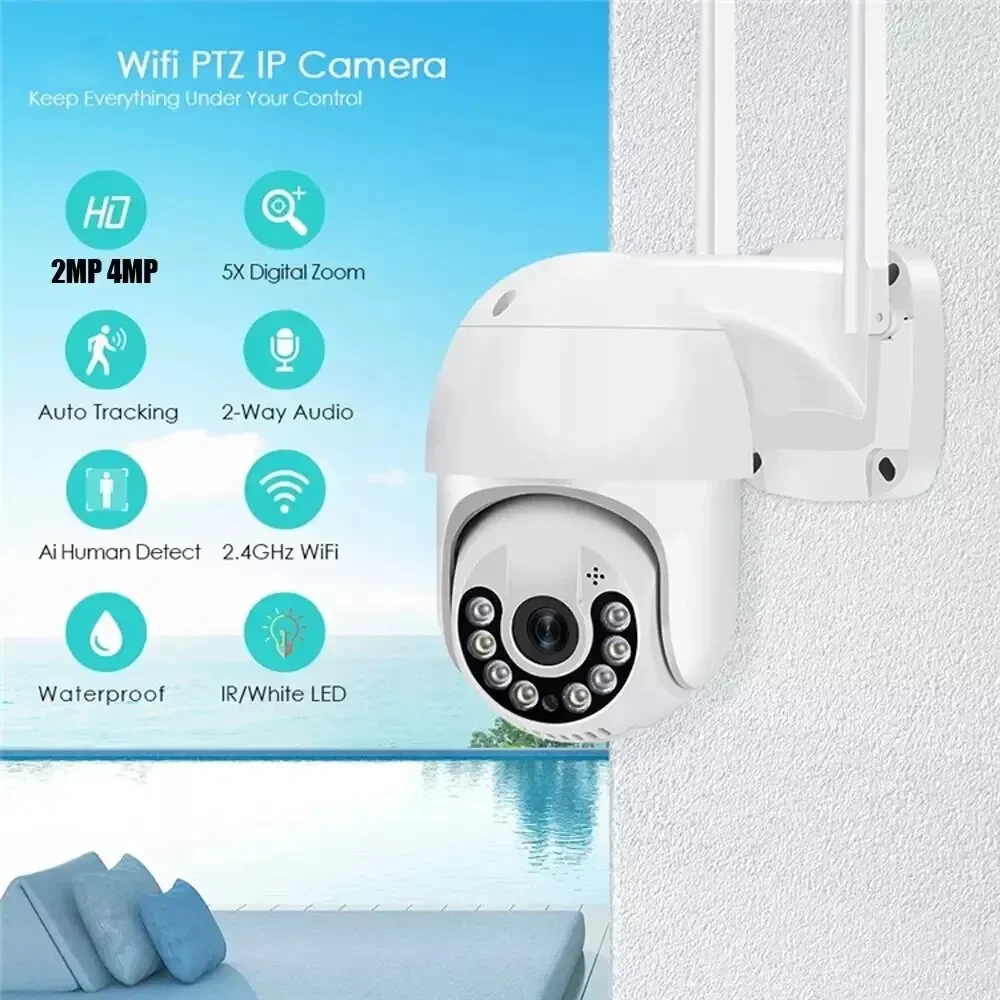 PTZ WIFI IP 카메라 오디오 CCTV 감시 야외 5X 디지털 줌 야간 풀 컬러 무선 방수 보안 모니터, 2MP, 4MP