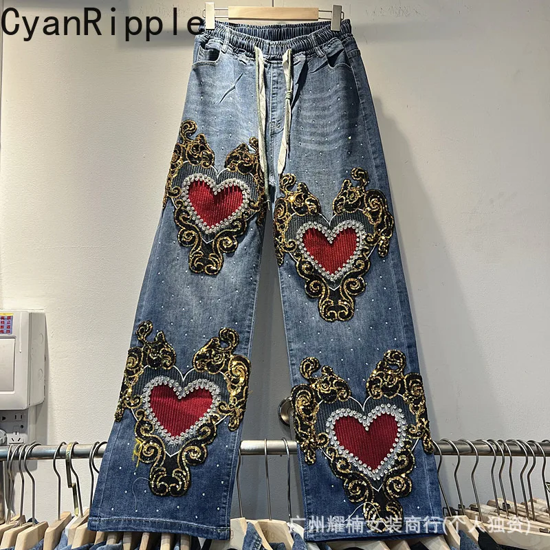 Fashionable Geometry Embroidery Sequins Diamonds Straight Jeans Women All-match Elastic Waist Casual Wide Leg Loose Denim Pants