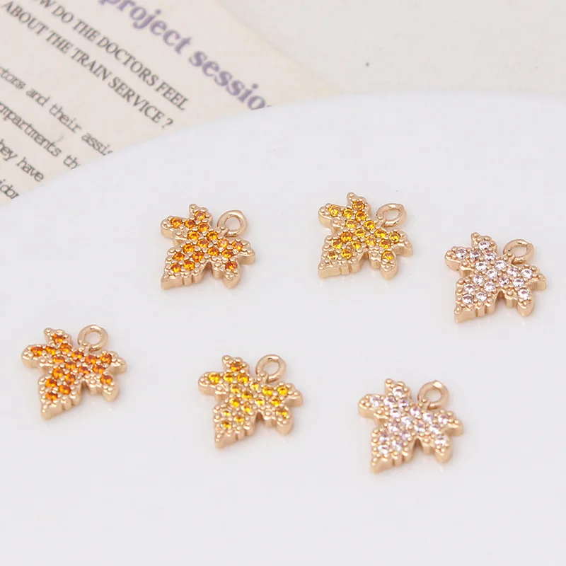 6pcs Copper Plated Gold Micro-inset Zircon Maple Leaf Pendant Diy Jewelry Earrings Necklace Accessories Materials Charms