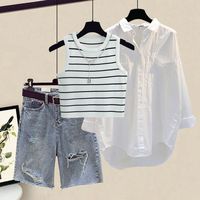 2025 Summer New Tracksuit Matching Set Korean Casual White Sunscreen Shirt+Striped Vest+Denim Shorts Three Piece Female Clothing