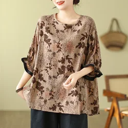 Large Size Women Summer Vintage Chinese Style Printing Tops Fashion Loose Round Neck Asymmetrical 3/4 Sleeve Casual T-shirt