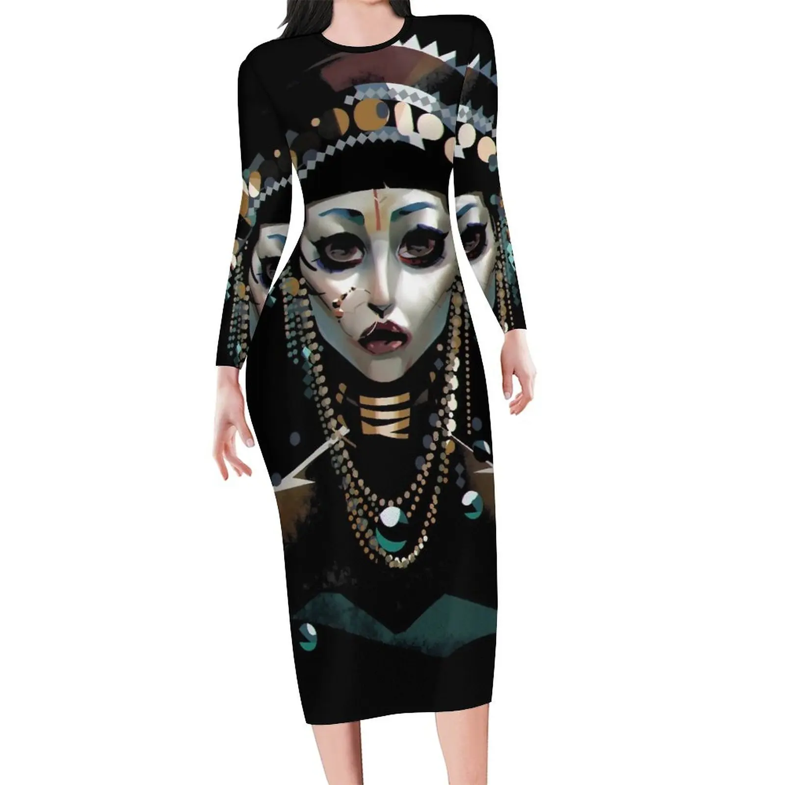 Jibaro Vintage Bodycon Dress Women Robots Print Elegant Dresses Autumn Long Sleeve Street Wear Graphic Dress Large Size 5XL 6XL