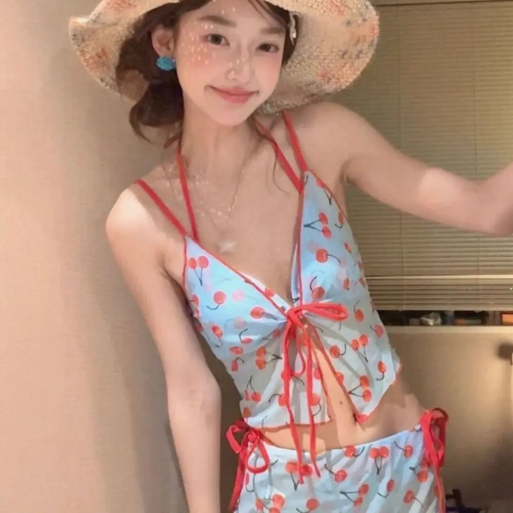 

Split Swimsuit Pure Color Cherry Bikini Set Push Up V Neck Four Piece Set Print Pattern Wrap Skirt Sexy Swimwear Summer Holiday