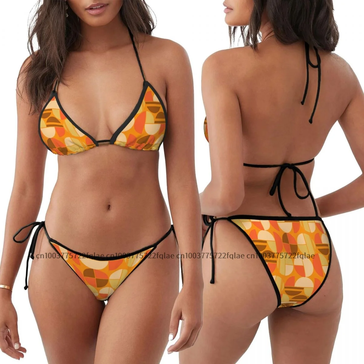 

Women Sexy Bikini Set Push-up Bra Halter Thong Swimsuit Swimwear Beachwear Bathing 70s Pattern Retro Inustrial I Brown Tones
