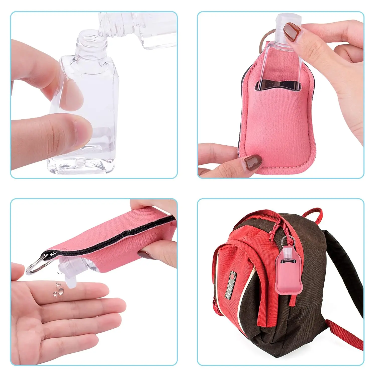 60pcs Hand Sanitizer Keychain Holders Empty Travel Bottles Set Reusable Clear Bottles& Hand Sanitizer Holder for Backpack Purse