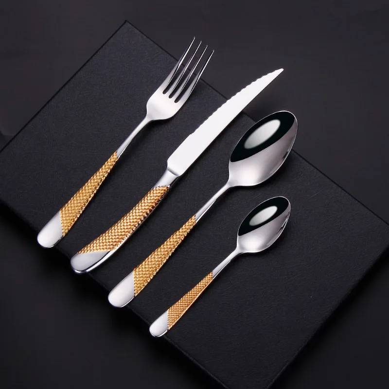 Gold-Plated Steak Knife and Fork, 304 Stainless Steel Western Knife, Fork and Spoon, Four-Piece Set, Household Tableware, Full S