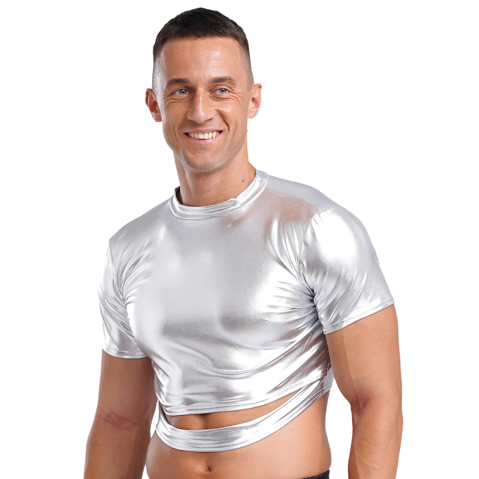 Mens Metallic Shiny Slim Crop Top Mock Neck Short Sleeve Cut Out Shirts Tops Fashion Blouses for Jazz Dance Disco Party Clubwear