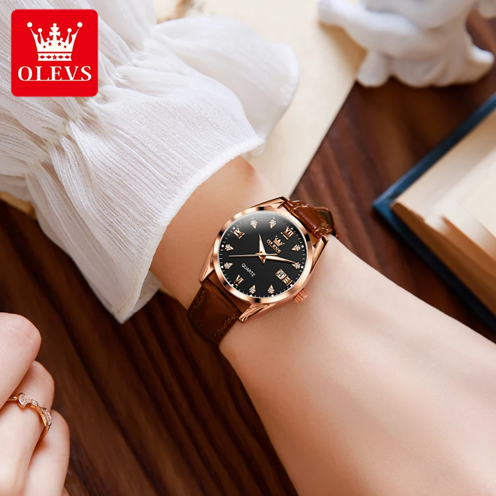 OLEVS 5522 Simple ควอตซ์นาฬิกาของขวัญ Round-dial หนัง Watchband นาฬิกาข้อมือปฏิทิน Luminous