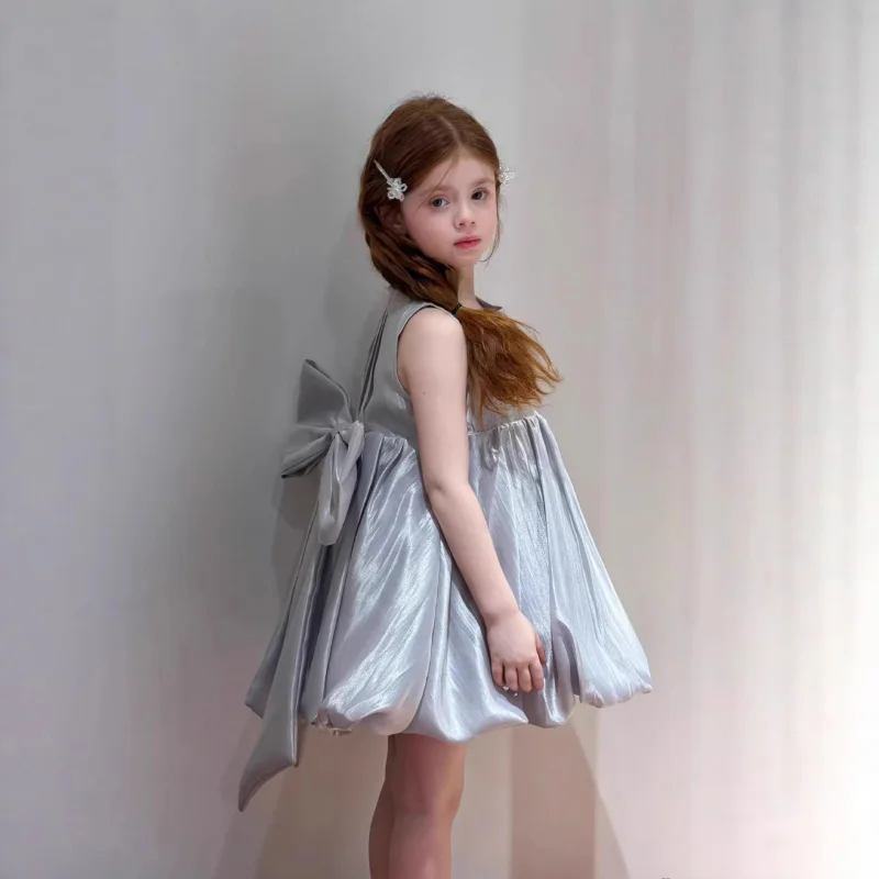 

26New Summer Girls' High-Quality Solid Color Bow Princess Dress, Exquisitely Crafted Puffy Dress, Sweet Children's Dress
