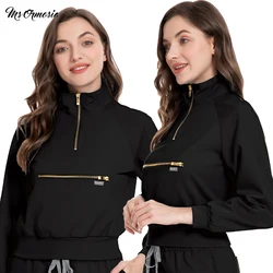 Medical Uniform Scrubs Tops Nurse Doctor Esthetician-Workwear Stretchy Blouse Long Sleeve Pockets Jogging Tops Womens Jacket XXL