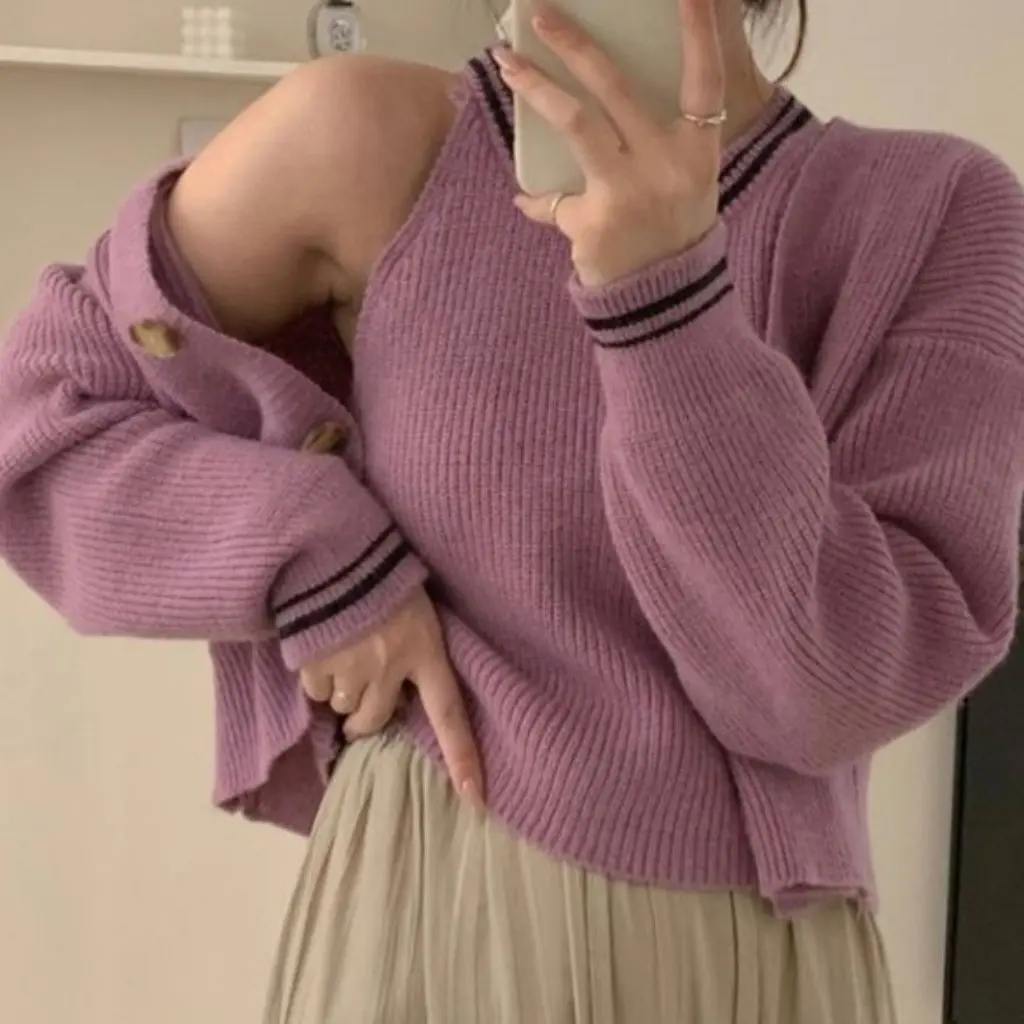 

Korean Style Knitted Two-Piece Set Casual Simple Cardigan Sweater Slim Fit Vest Top Fashion Women's Clothing