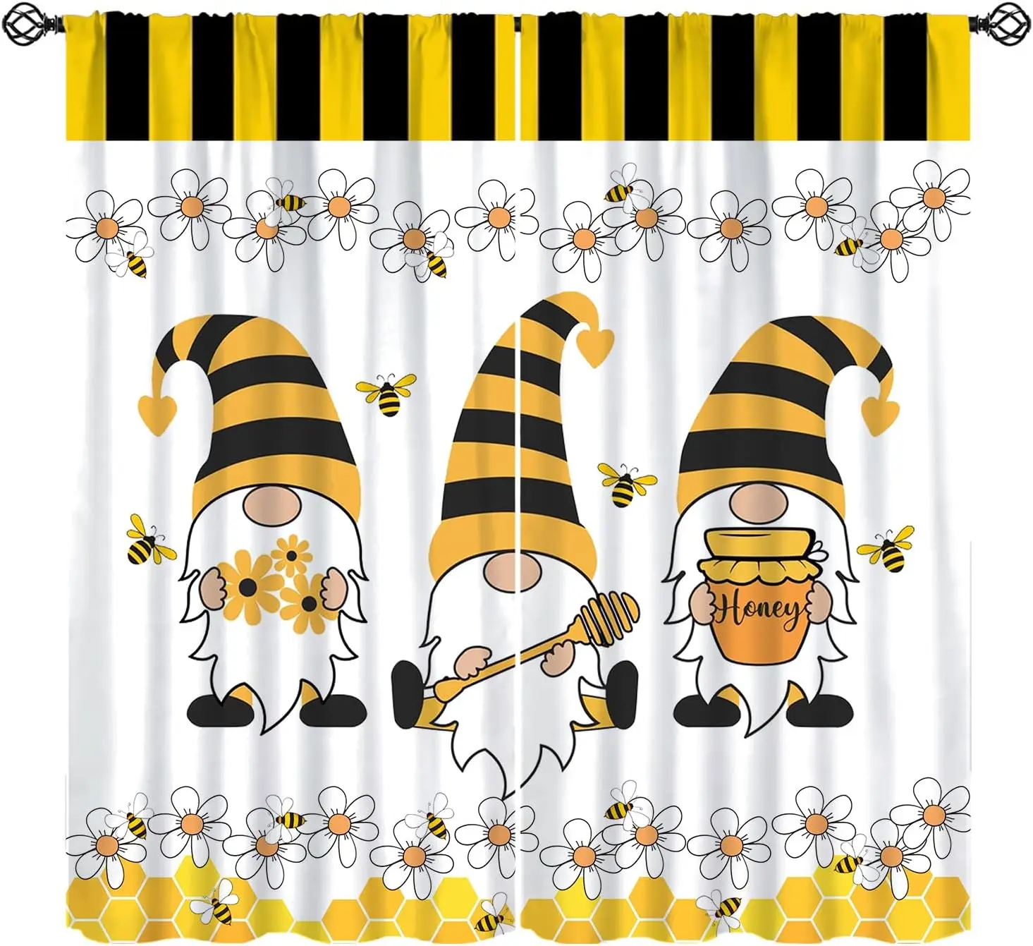Whimsical Cottagecore Honey Bee Gnome Curtains Floral Window Drapes Pair Spring Nursery Room Decorative Yellow Pattern Curtain S