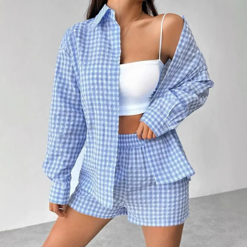 

Women Plaid Print Two Piece Short Sets Casual Blouse Button Long Sleeve Shirt Sports Lady High Waist Shorts Suit Regular