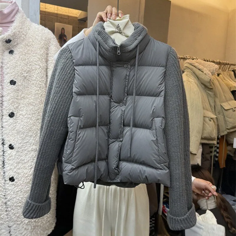 Women's Knitted Spliced Cotton Padded Jacket Korean Casual Fashion Drawstring Design Stand Up Collar Warm False Two-Piece Coat
