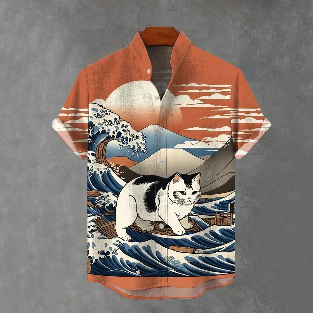 

2025 Мужские рубашки, гавайские рубашки с 3D принтом японского кота, мужские повседневные топы с короткими рукавами, модная мужская рубашка на пуговицах с лацканами Y2k
