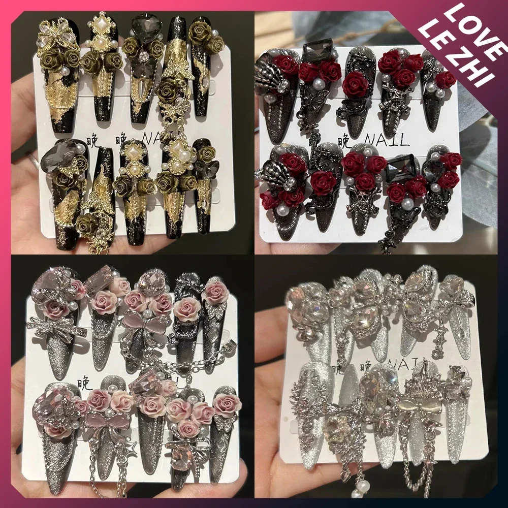 

Блестящие 3D накладные ногти Кошачьи глаза Чистая ручная резьба Роза Жемчуг Бабочка Роскошный бриллиант Полное покрытие Носимый пресс на ногтях