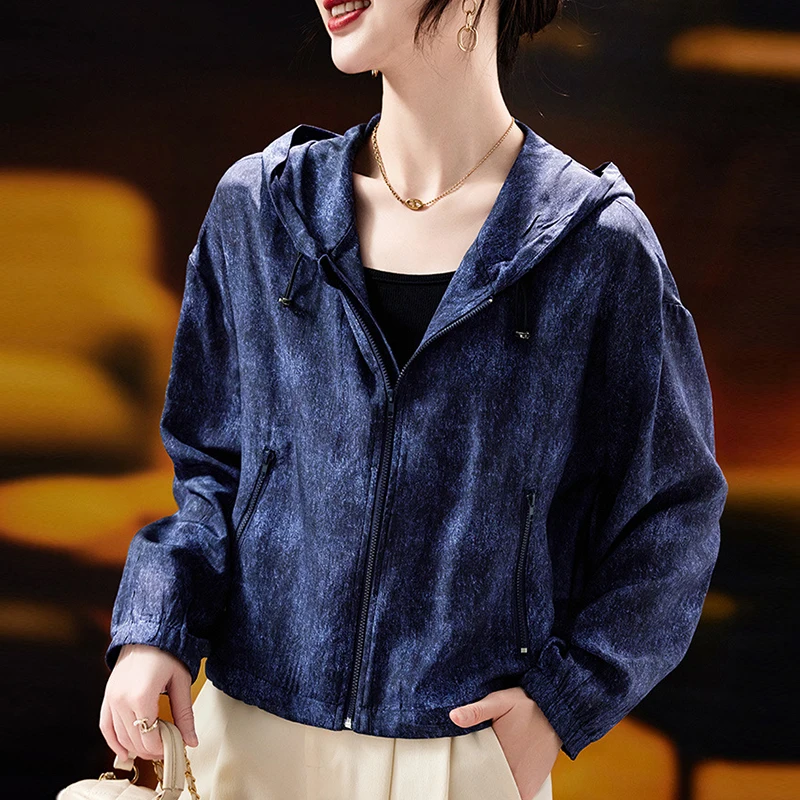 

100% Real Silk Women's Denim Blue Jacket Coat Spring Autumn Short Jackets Women Loose Tops Long Sleeve Woman Casual Hooded Coats