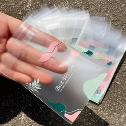 100pcs Thickened Frosted Fern Leaf Printed Gift Bags, Green Leaf Pink Flower Pattern Blessed Words Small Gifts Self-sealing Bag