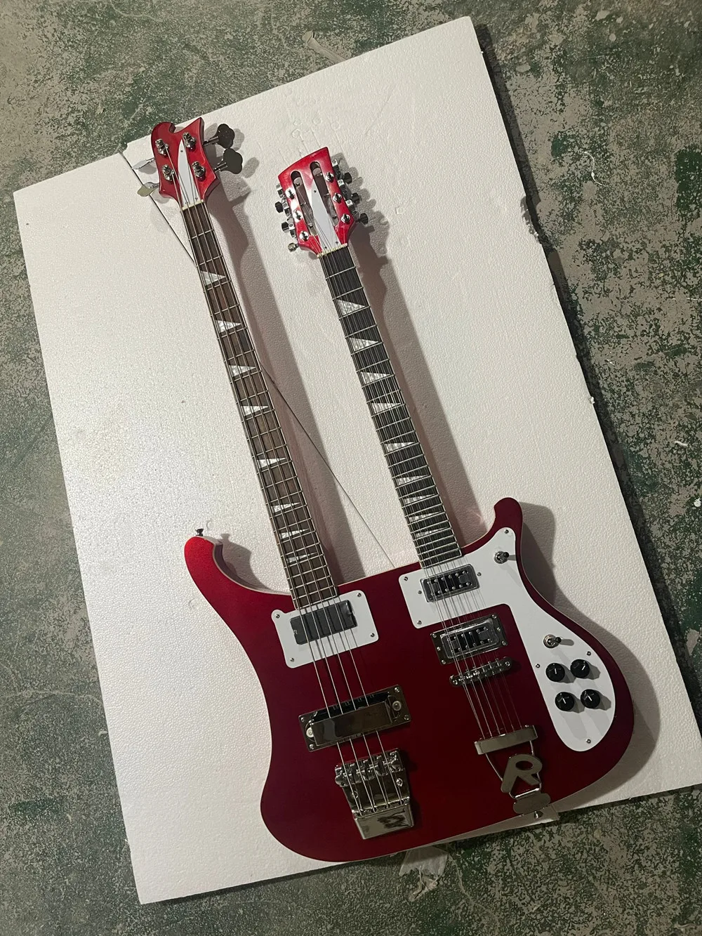 Double neck Red body Electric Bass Guitar with White Pickguard,Chrome Hardware,Provide custom service