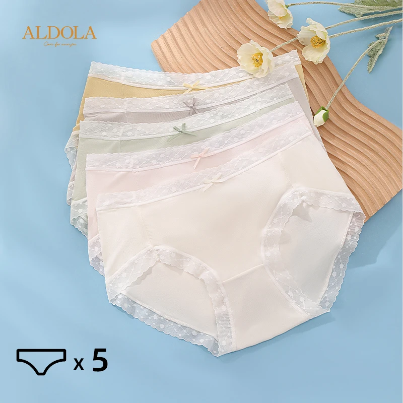 ALDOLA 5PCS/set Women's Lace Contrast Panties Soft Comfortable Underwear Mid Waist Printing Briefs Girl Underpants