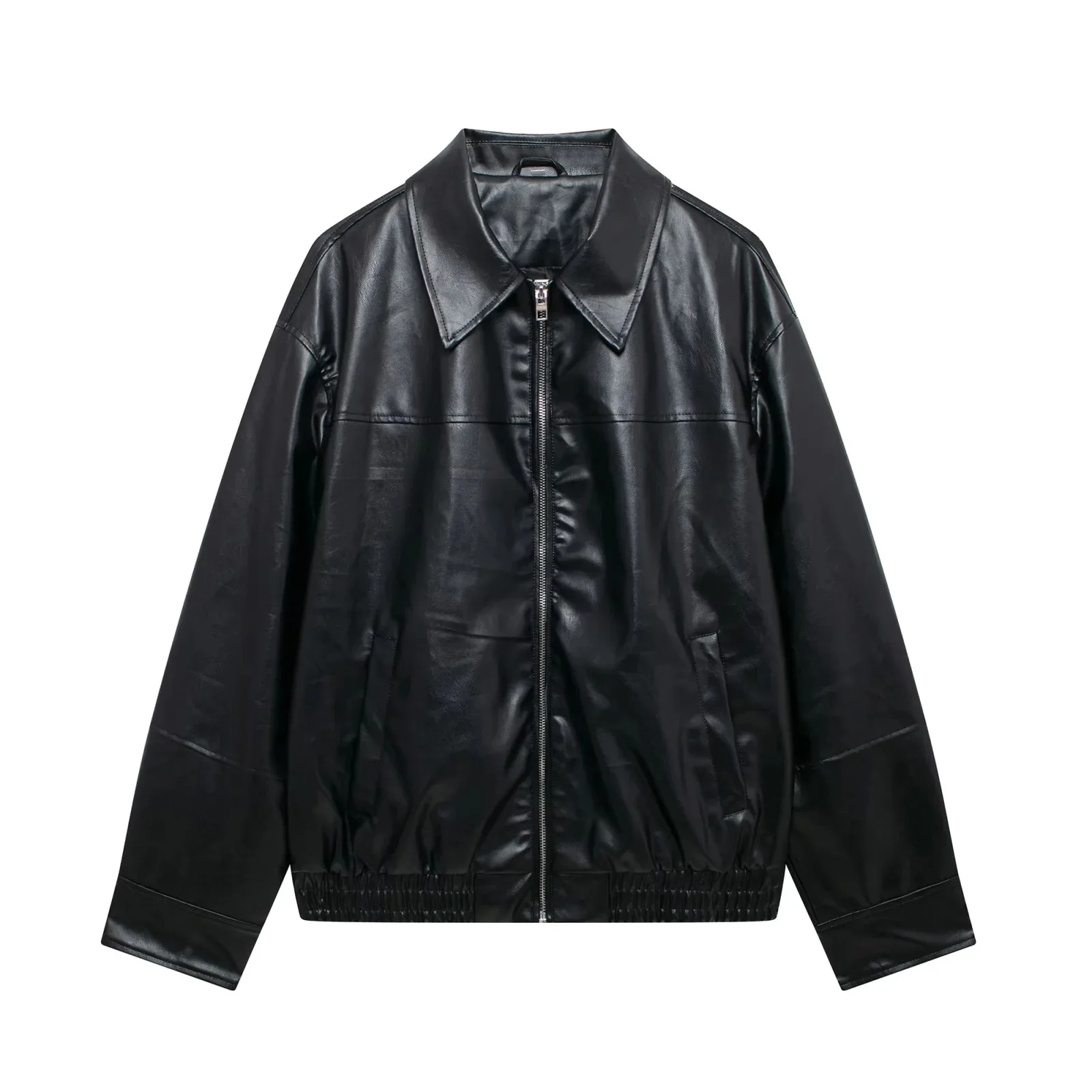 Manteaux en Faux cuir pour femmes, vestes solides, poche zippée, col rabattu, manches longues, légèrement extensible, ample, bureau, dame, automne 2025