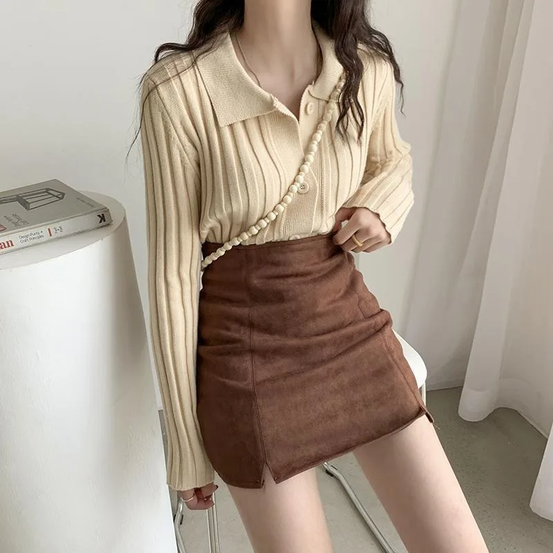 High Waist Slit Skirt for Women Autumn A-line Solid Korean Fashion Hip-covering All-match Sweet Spicy Girls Safety Y2k Casual