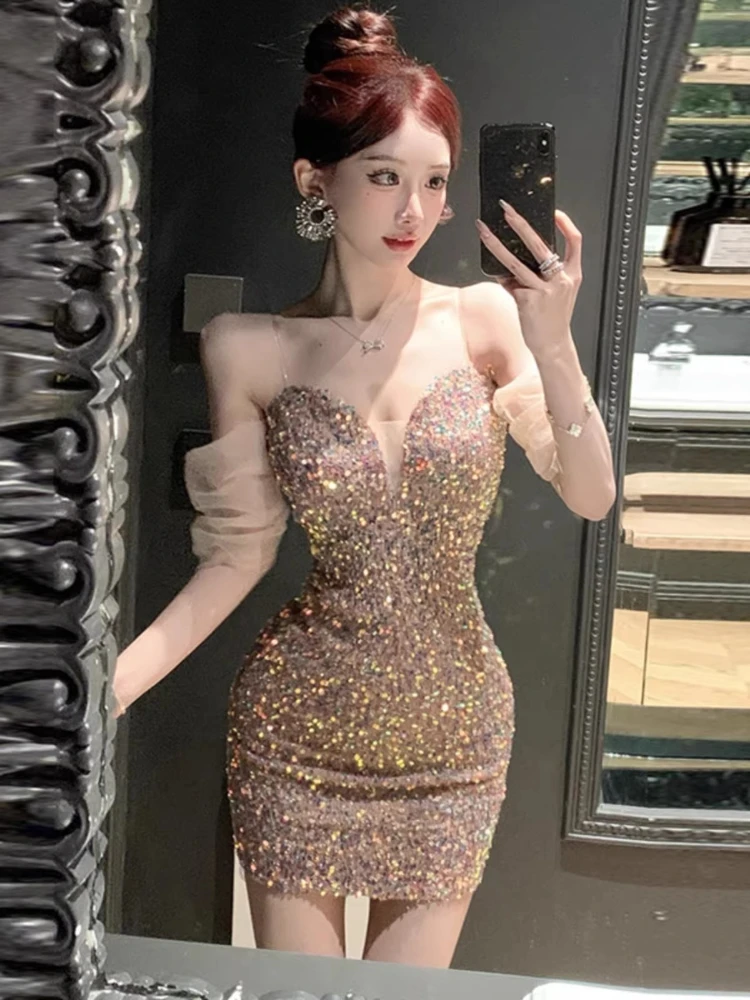 

Сексуальное платье с пайетками для женщин, модное, в стиле Spice Girl, без бретелек, с глубоким V-образным вырезом, с открытой спиной, короткое, новинка 2026 года, для дня рождения, вечеринки, ужина