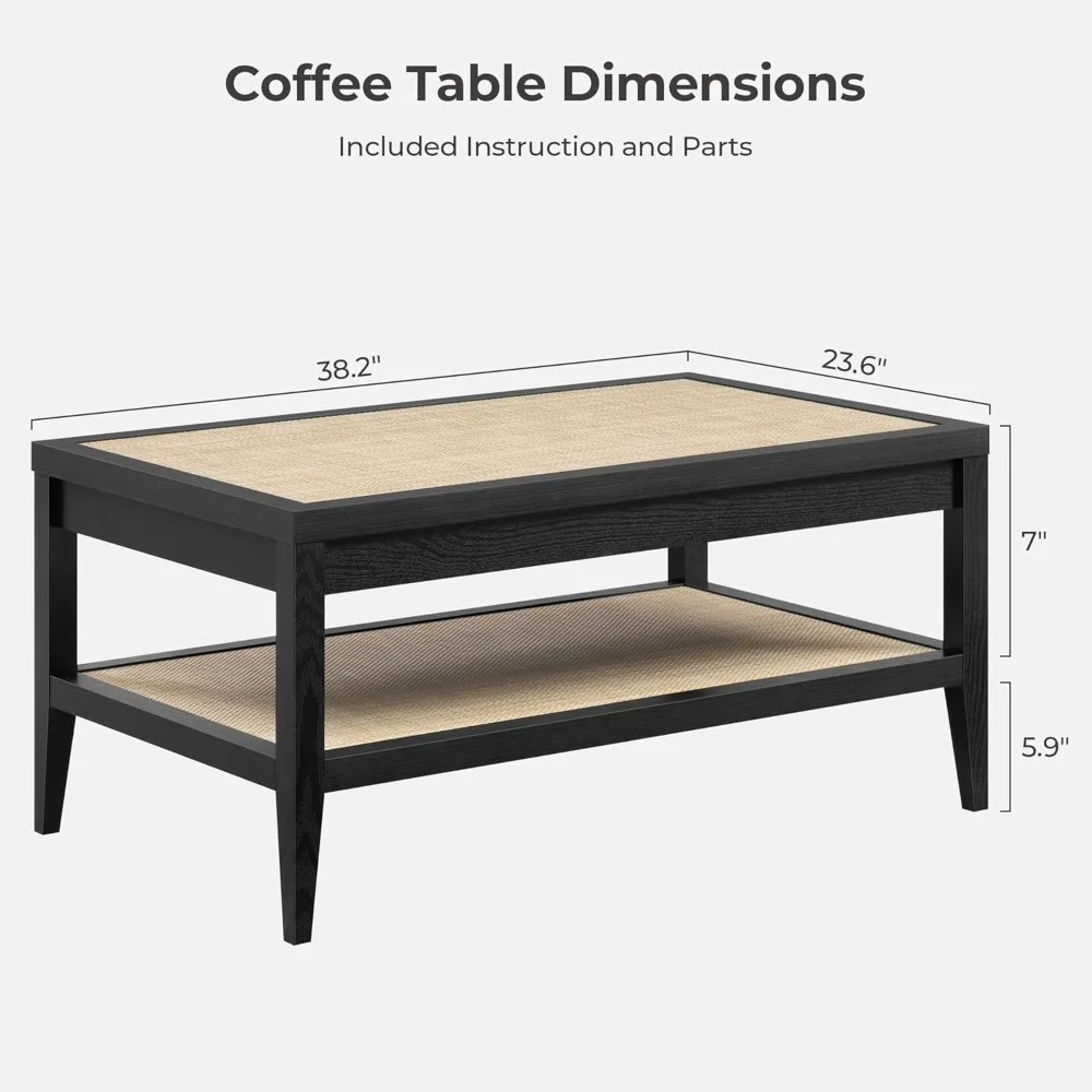 Mesa de centro retangular para sala de estar, mesa central boho de fazenda com prateleiras de armazenamento de vime de 2 camadas, mesa lateral de sofá