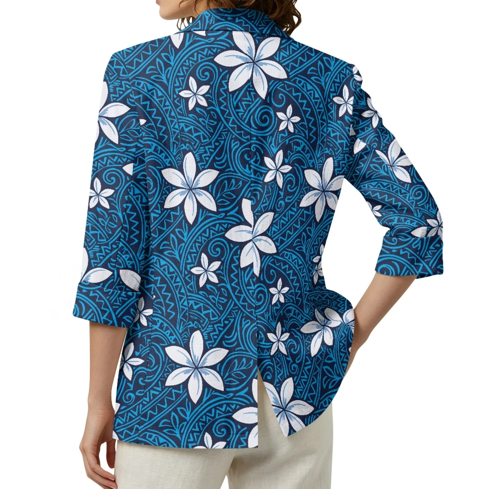 PENSTROLL 3/4 Sleeve Linen Style Business Jacket Casual Beach Cover Ups for Office Plumeria