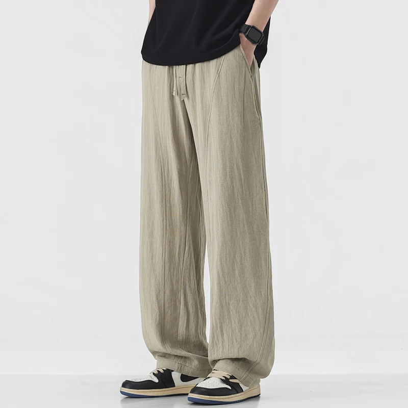

2026 Spring Summer New Casual Thin Breathable Linen Straight Pants for Men Clothing Comfort Drawstring Male Trousers