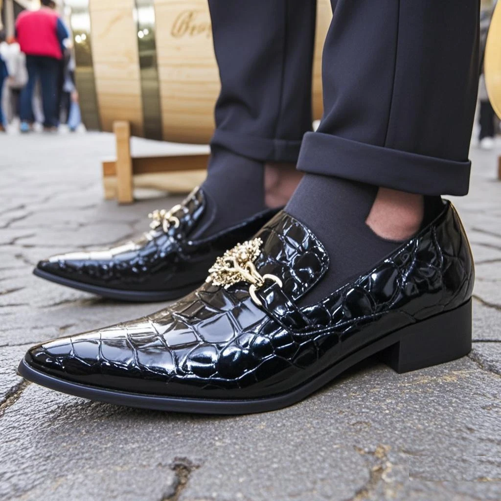 

New Men Pointed Toe Chelsea Shoes Calf Leather Office Dress Shoes with Crocodile Print Luxury Style for Wedding Formal Occasions