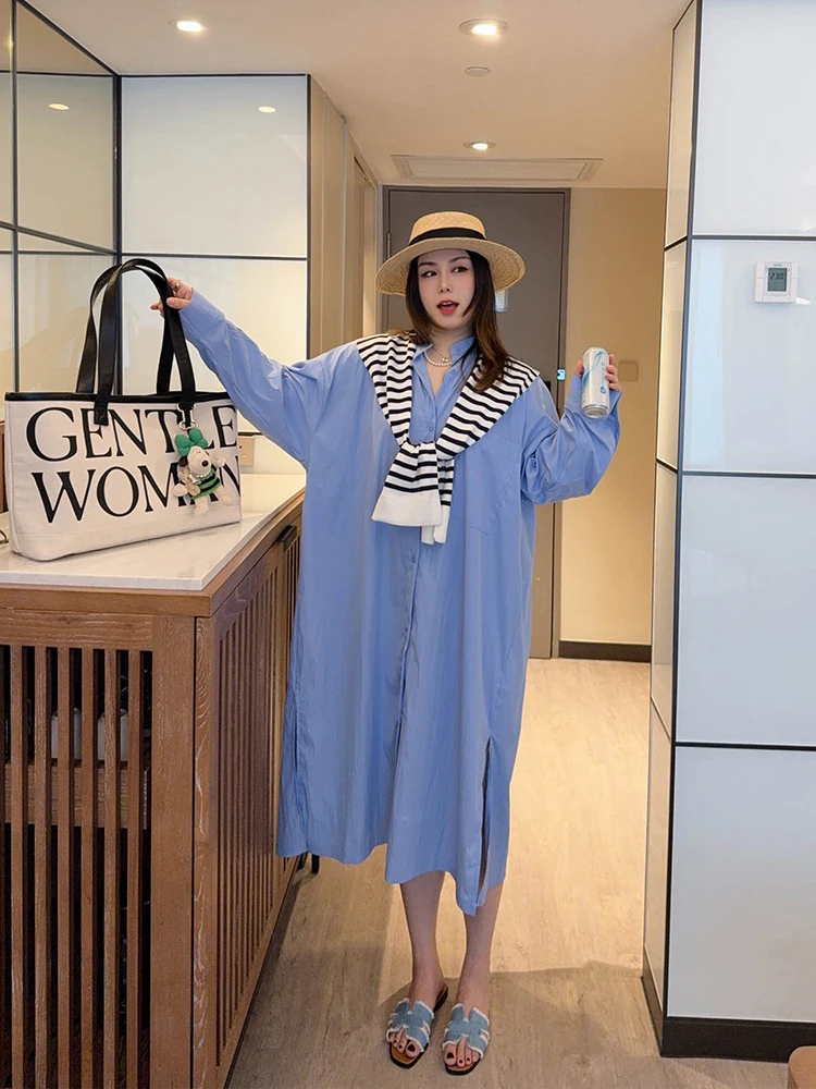 

VOGANA Женское свободное платье больших размеров в корейском стиле для работы и повседневной носки, с длинным рукавом, миди-длина, весна