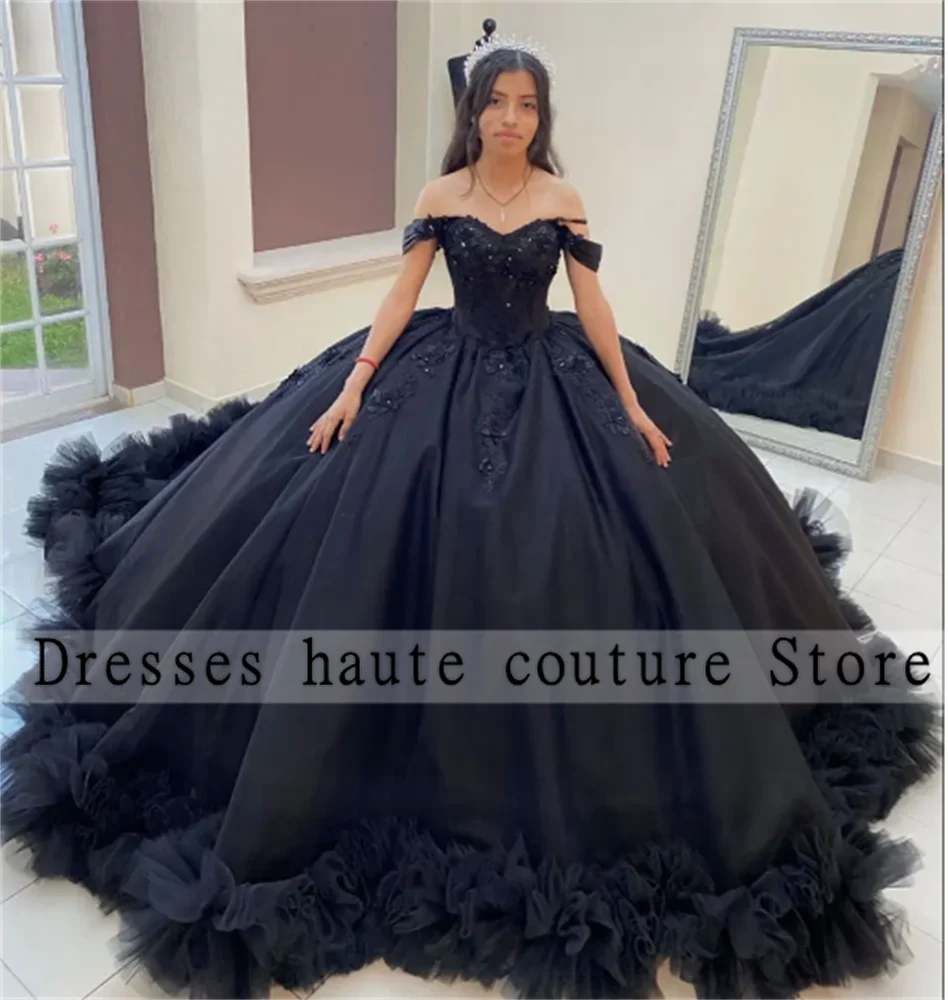 Apliques De encaje negro vestido De baile Vestidos De quinceañera 2025 tren De tul dulce 16 vestido Vestidos De cumpleaños Vestidos personalizados