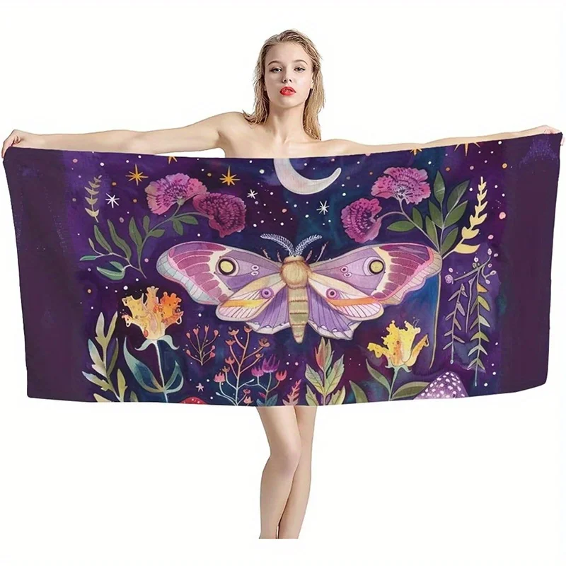 Beach Towel Fantasy Night Moth and Flower Pattern Sun Protection Windproof Suitable for Swimming Pool Camping Travel Blanket