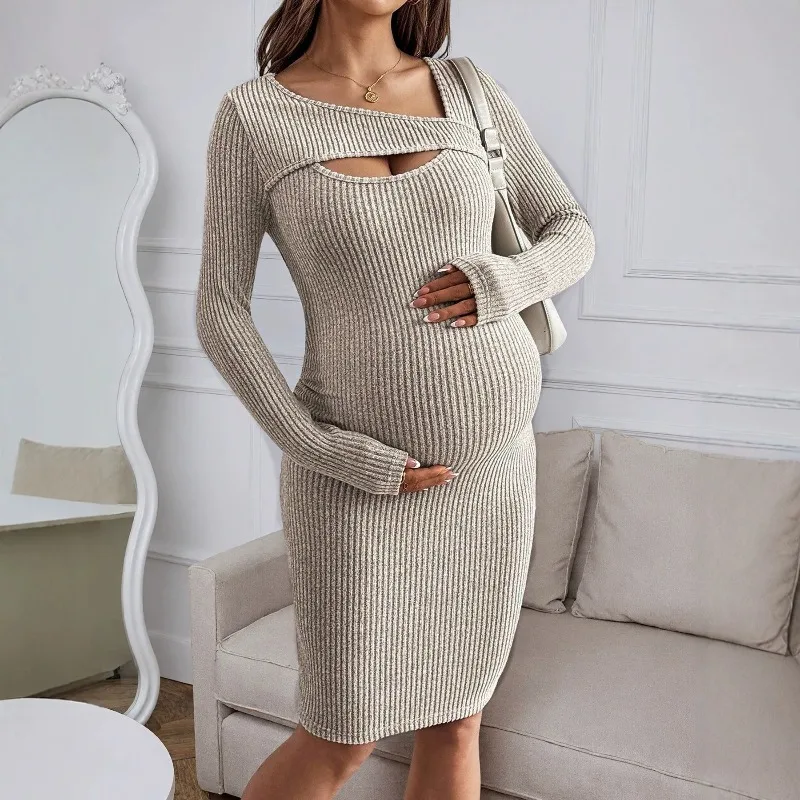 Maternity Clothes Long-sleeved Ribbed Dress for Pregnant Woman Hollow-out Slim Fit Bodycon Elastic Knit Skirt
