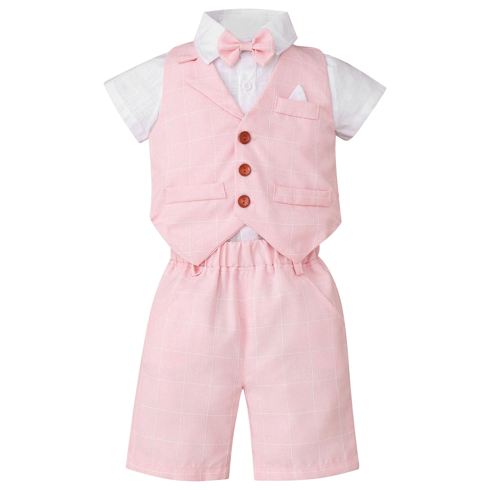 

Baby Boys Little Kids Formal Suits Wedding Gentleman Bow Tie Shirt Waistcoat Fake Tops with Shorts Gentleman Birthday Outfits