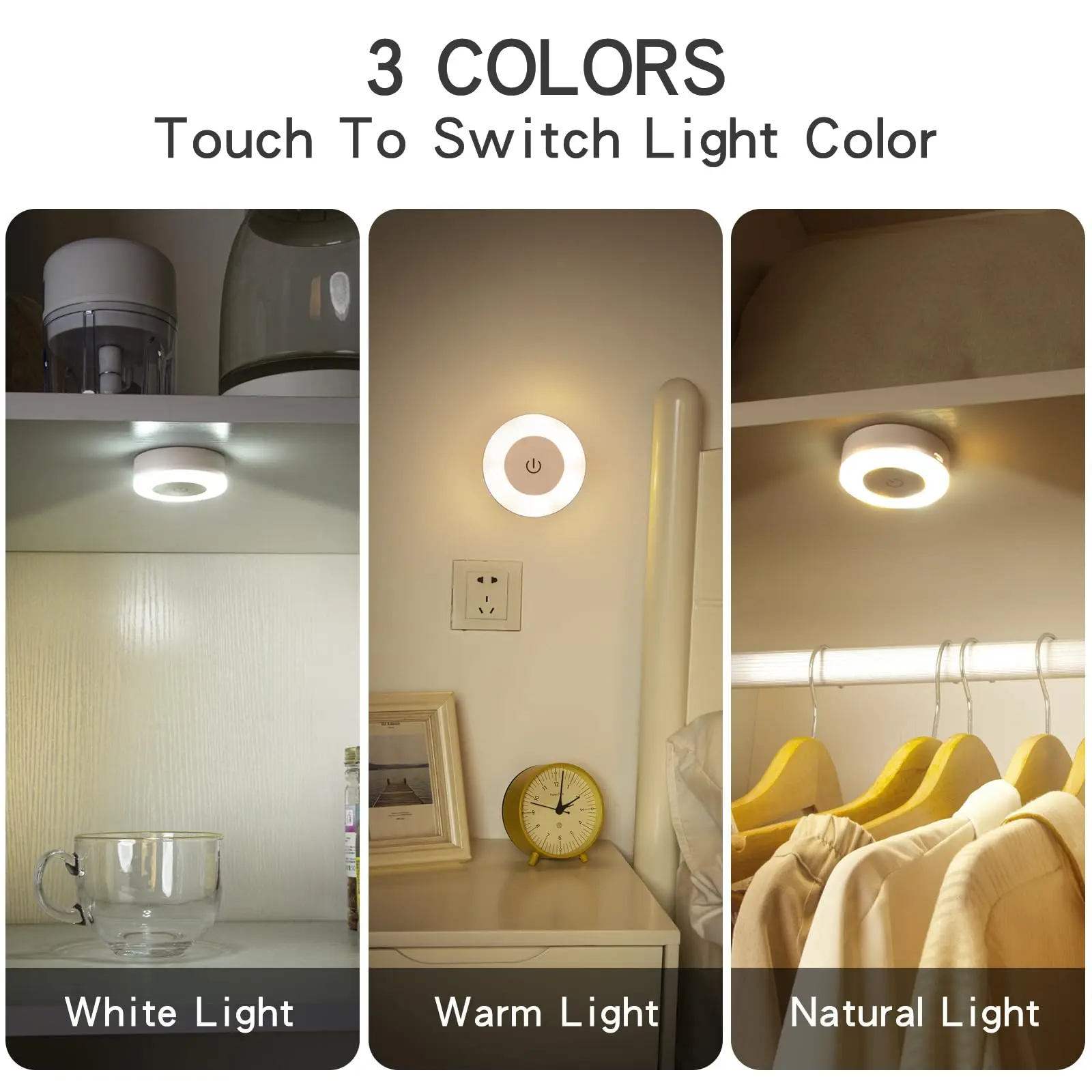 Touch Control LED Push Lights Dimmable Wireless Night Light Rechargeable Battery Operated Puck Lights for Closet Kitchen Cabinet