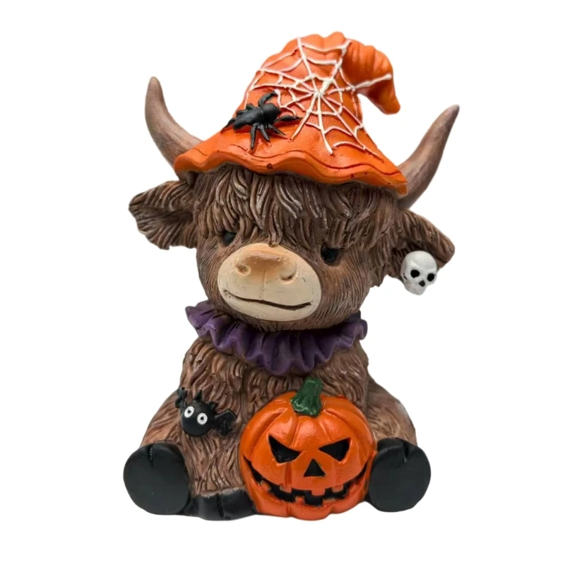 High Land Cow Holding Skull Pumpkin Figurine Halloween Decoration Resins Craft Miniature Statue Home Office Desk Ornament JOMD