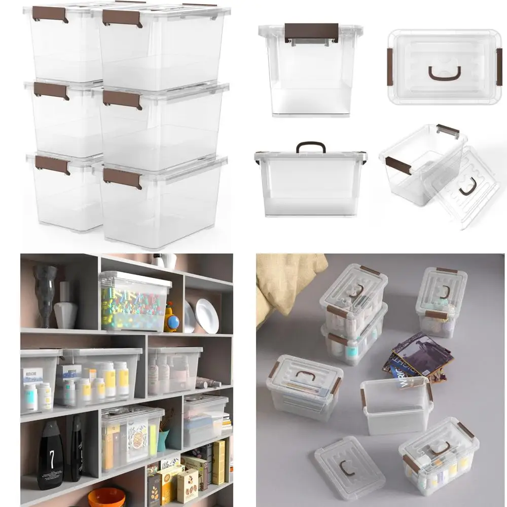 Stackable 7-Quart Clear Plastic Storage Boxes with Latching Lid and Brown Handle, Multi-Purpose, 7 Liter Capacity